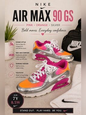 Nike Air Max 90 GS Pink Orange Silver Girls' Sneakers